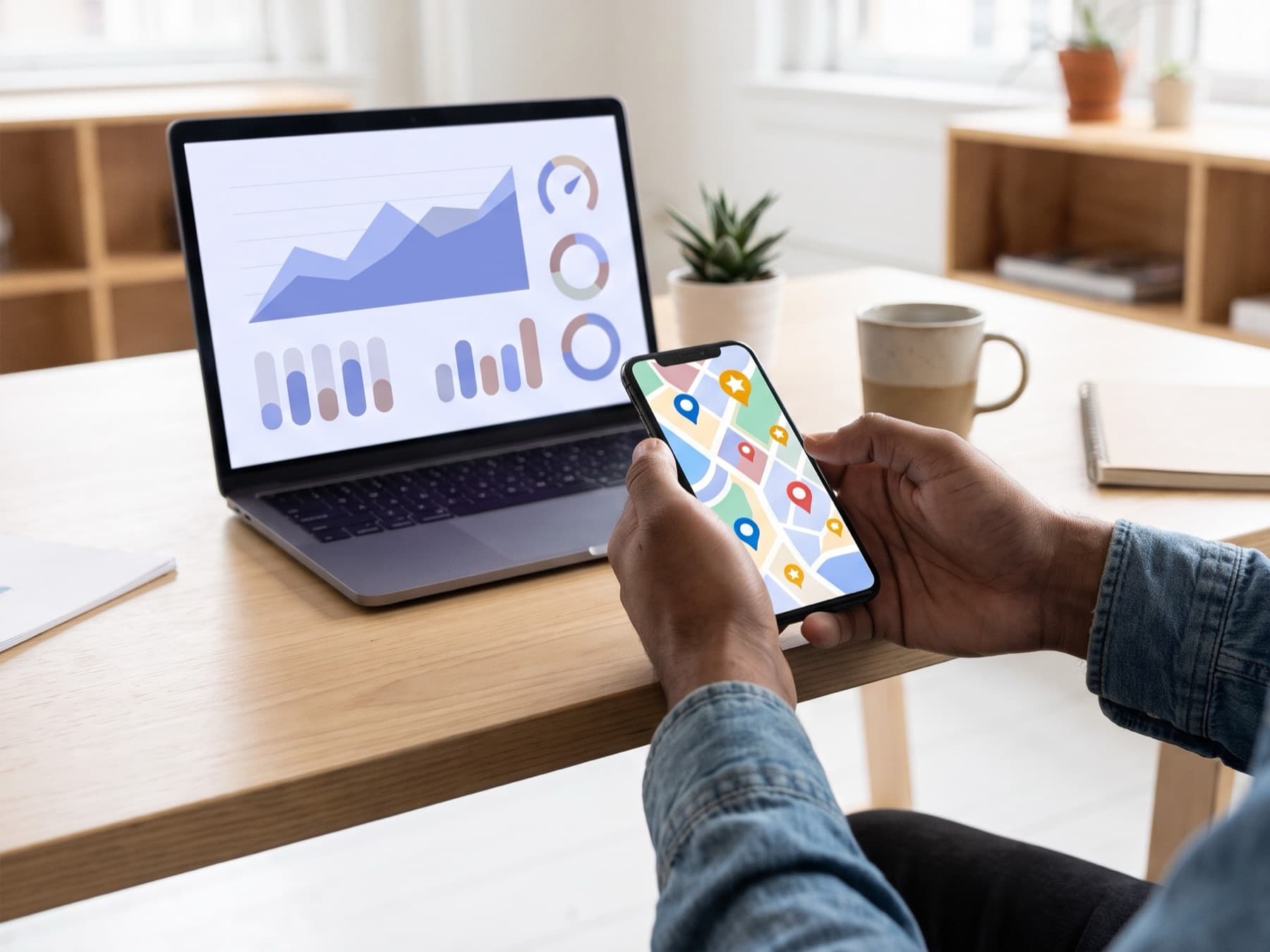 Recherche locale sur smartphone et statistiques de site sur ordinateur